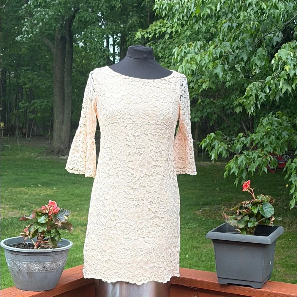 Vince Camuto Cream Long Sleeve Dress, Lace outer fabric. - Picture 1 of 14